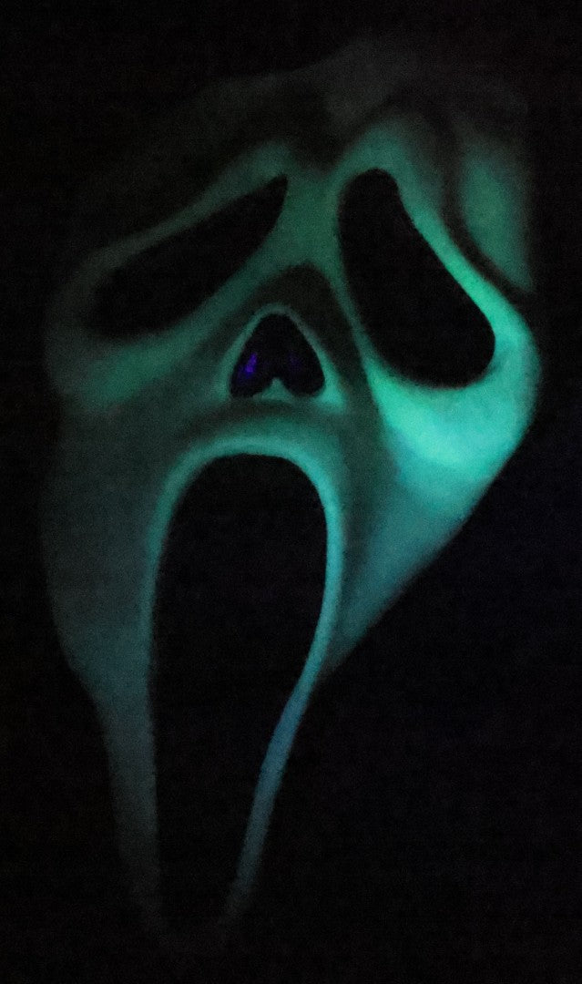 Modern Glow-in-the-Dark Ghostface "Scream" Halloween Mask with Black Fabric Hood, Manufactured by Easter Unlimited Inc., Made in China, Circa Early 2000s