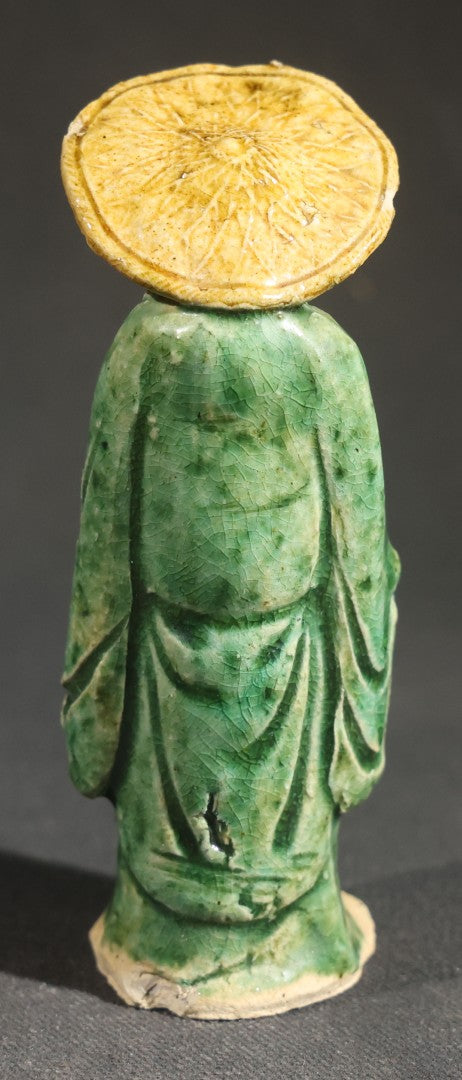Pair of Vintage Chinese Mudman Ceramic Figurines including Seated Figure on Melon Planter and Standing Elder in Green Robe, Made in China