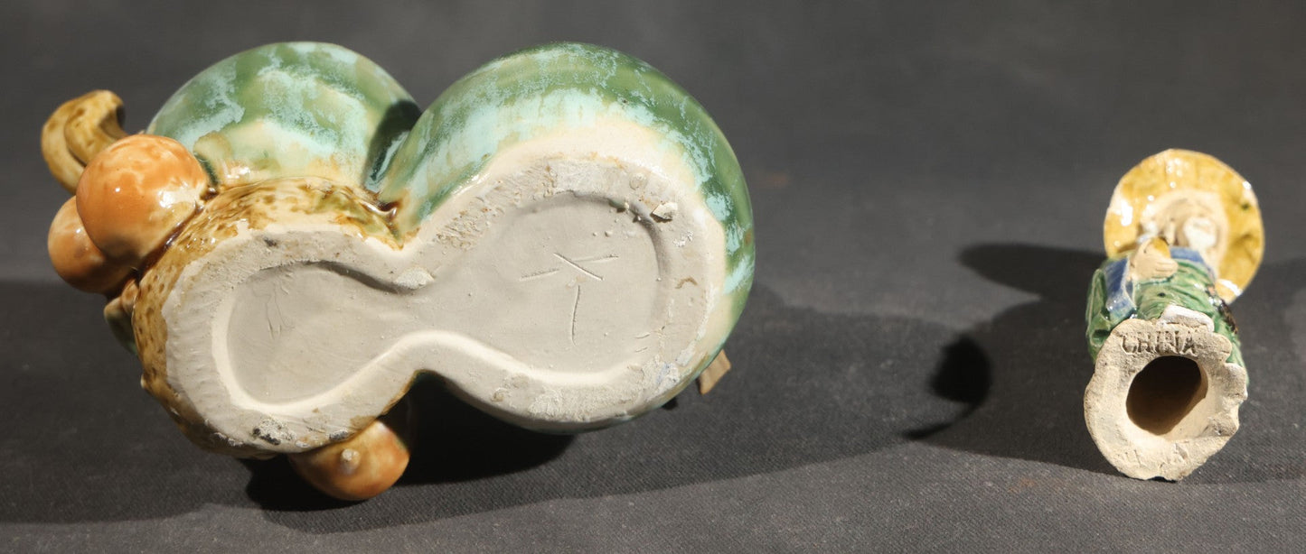 Pair of Vintage Chinese Mudman Ceramic Figurines including Seated Figure on Melon Planter and Standing Elder in Green Robe, Made in China