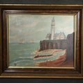 Lot 162 - Antique Framed Oil Painting on Board, Coastal Lighthouse on Rocky Cliffs with Sailing Vessels, 15-1/2" W x 13" H