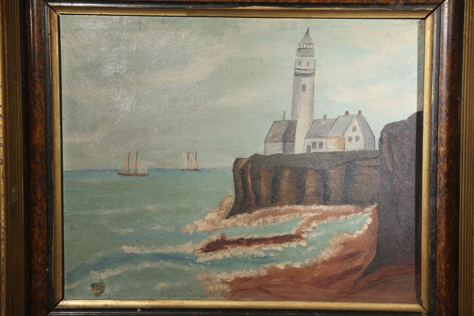 Antique Framed Oil Painting on Board, Coastal Lighthouse on Rocky Cliffs with Sailing Vessels