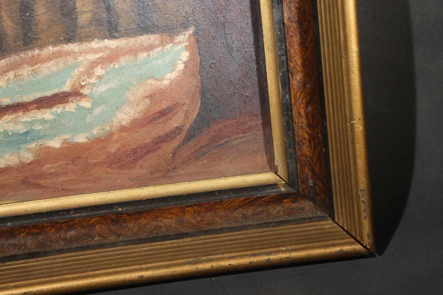 Antique Framed Oil Painting on Board, Coastal Lighthouse on Rocky Cliffs with Sailing Vessels