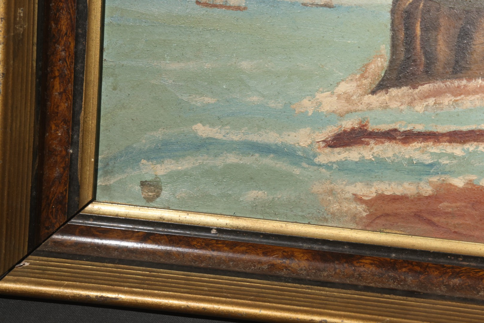 Antique Framed Oil Painting on Board, Coastal Lighthouse on Rocky Cliffs with Sailing Vessels