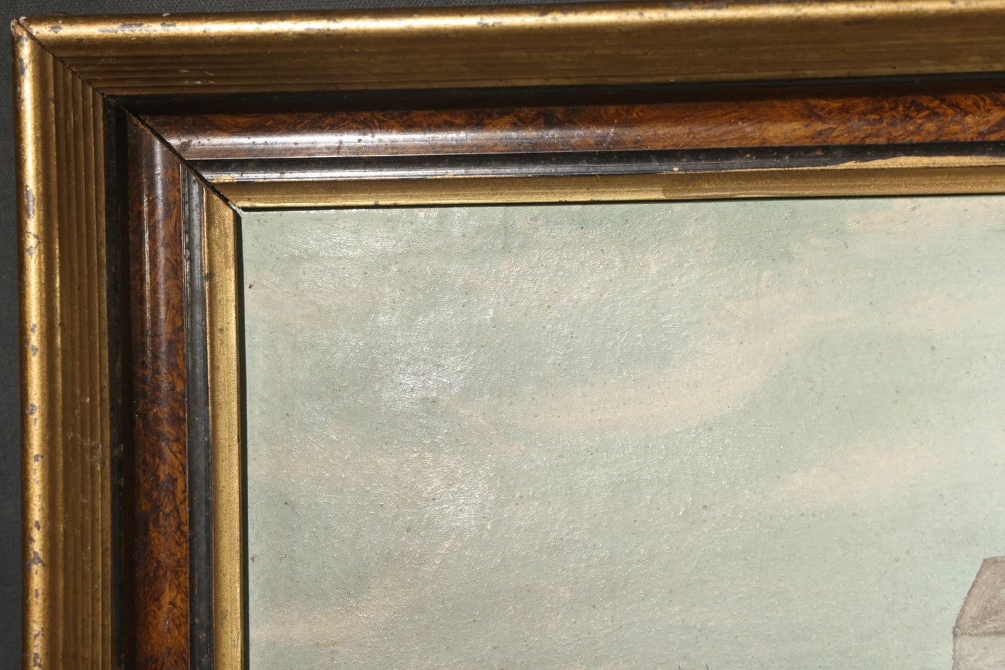 Antique Framed Oil Painting on Board, Coastal Lighthouse on Rocky Cliffs with Sailing Vessels