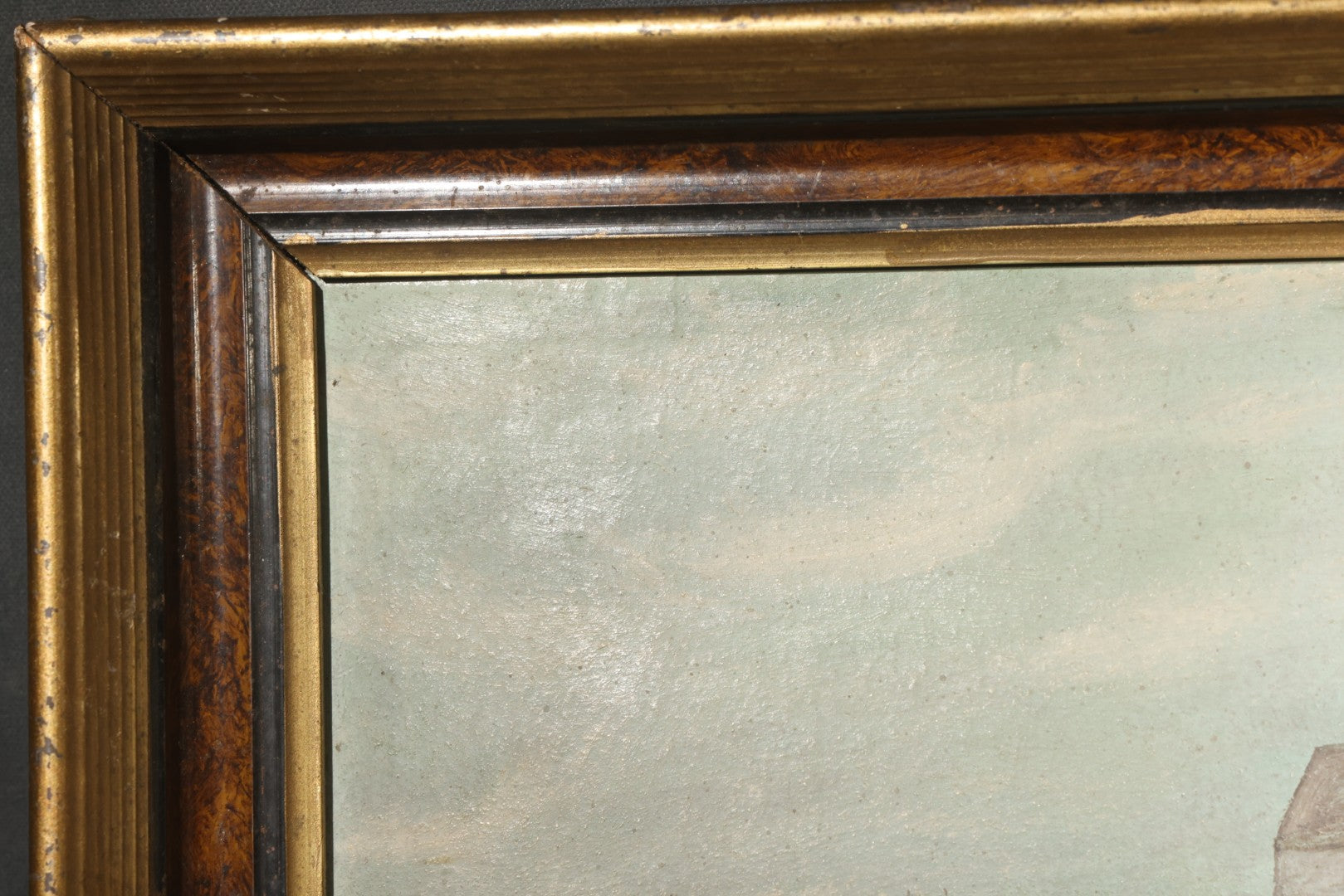 Antique Framed Oil Painting on Board, Coastal Lighthouse on Rocky Cliffs with Sailing Vessels