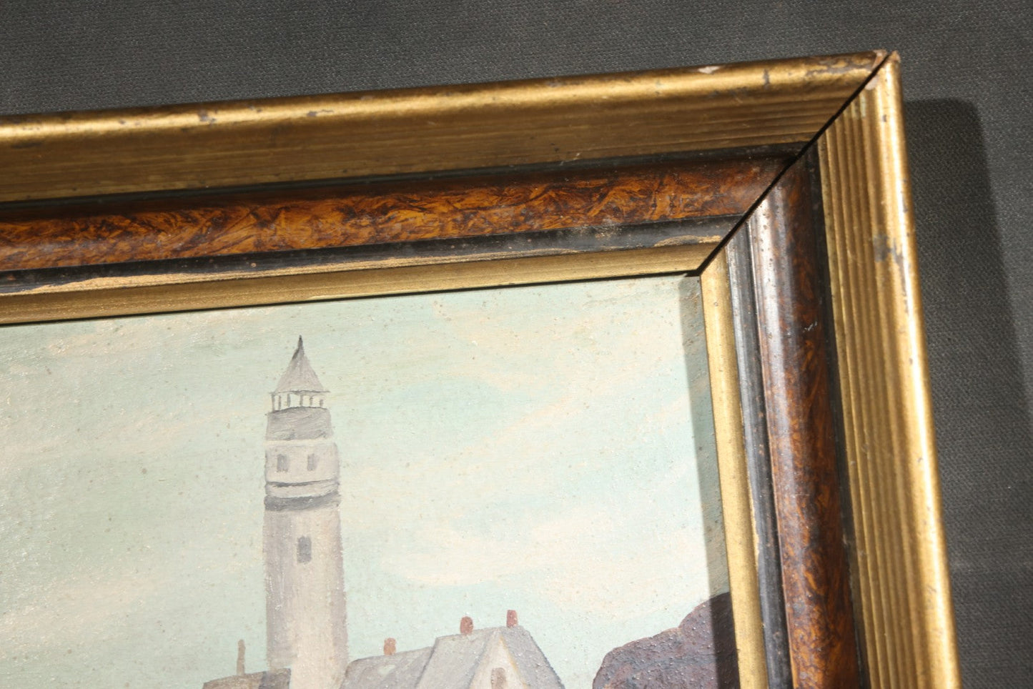 Antique Framed Oil Painting on Board, Coastal Lighthouse on Rocky Cliffs with Sailing Vessels