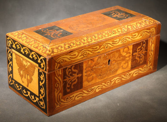 Antique Marquetry Hinged Box with Butterfly and Scrollwork Inlay, Brass Hinges and Lock Plate