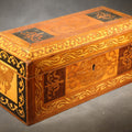Lot 163 - Antique Marquetry Hinged Box with Butterfly and Scrollwork Inlay, Brass Hinges and Lock Plate, 11" L x 4-3/4" H