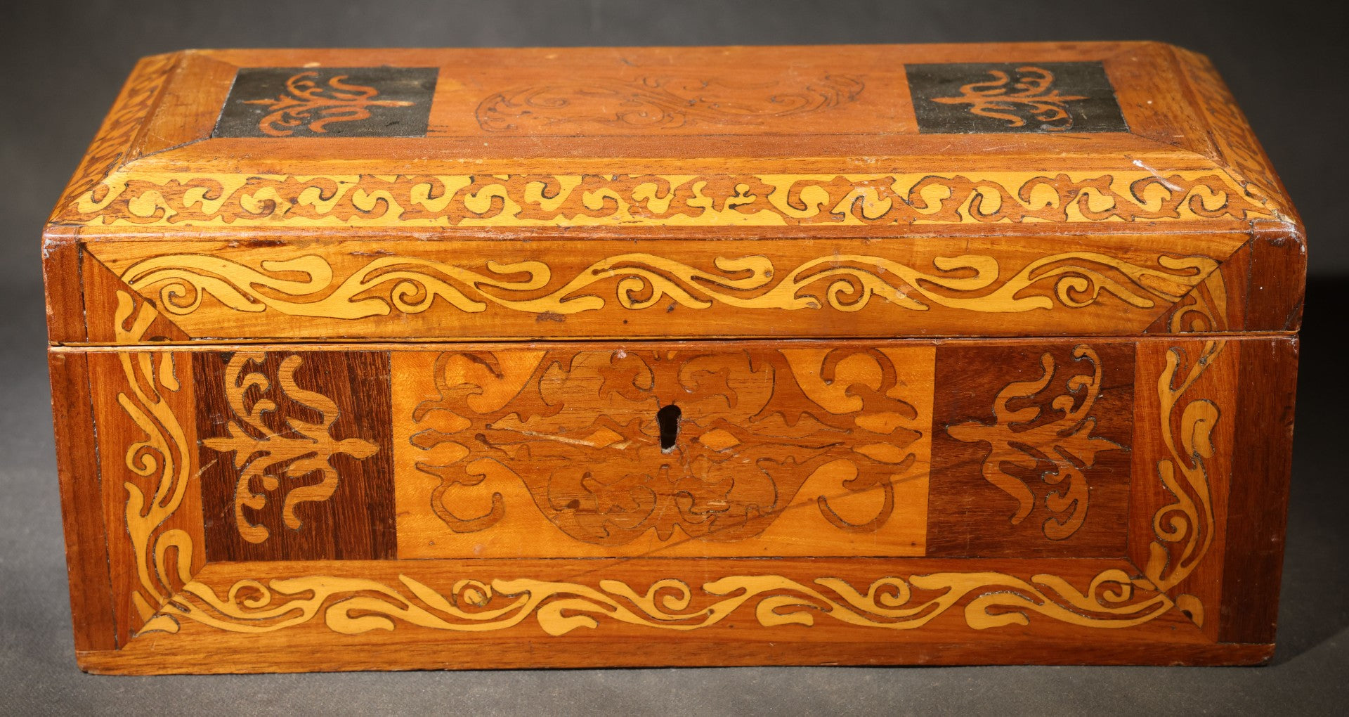 Antique Marquetry Hinged Box with Butterfly and Scrollwork Inlay, Brass Hinges and Lock Plate
