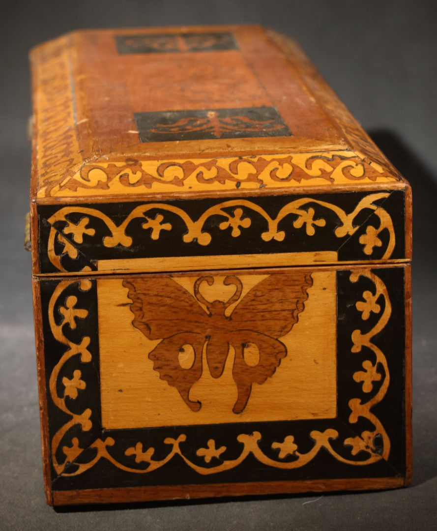 Antique Marquetry Hinged Box with Butterfly and Scrollwork Inlay, Brass Hinges and Lock Plate