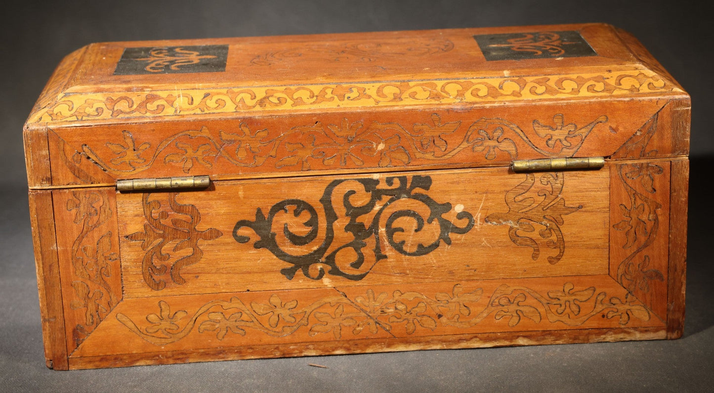 Antique Marquetry Hinged Box with Butterfly and Scrollwork Inlay, Brass Hinges and Lock Plate