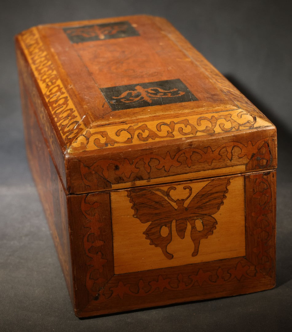 Antique Marquetry Hinged Box with Butterfly and Scrollwork Inlay, Brass Hinges and Lock Plate