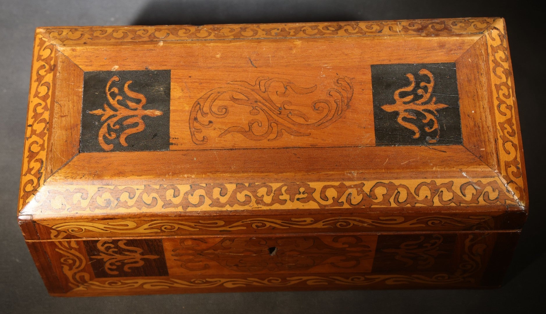 Antique Marquetry Hinged Box with Butterfly and Scrollwork Inlay, Brass Hinges and Lock Plate