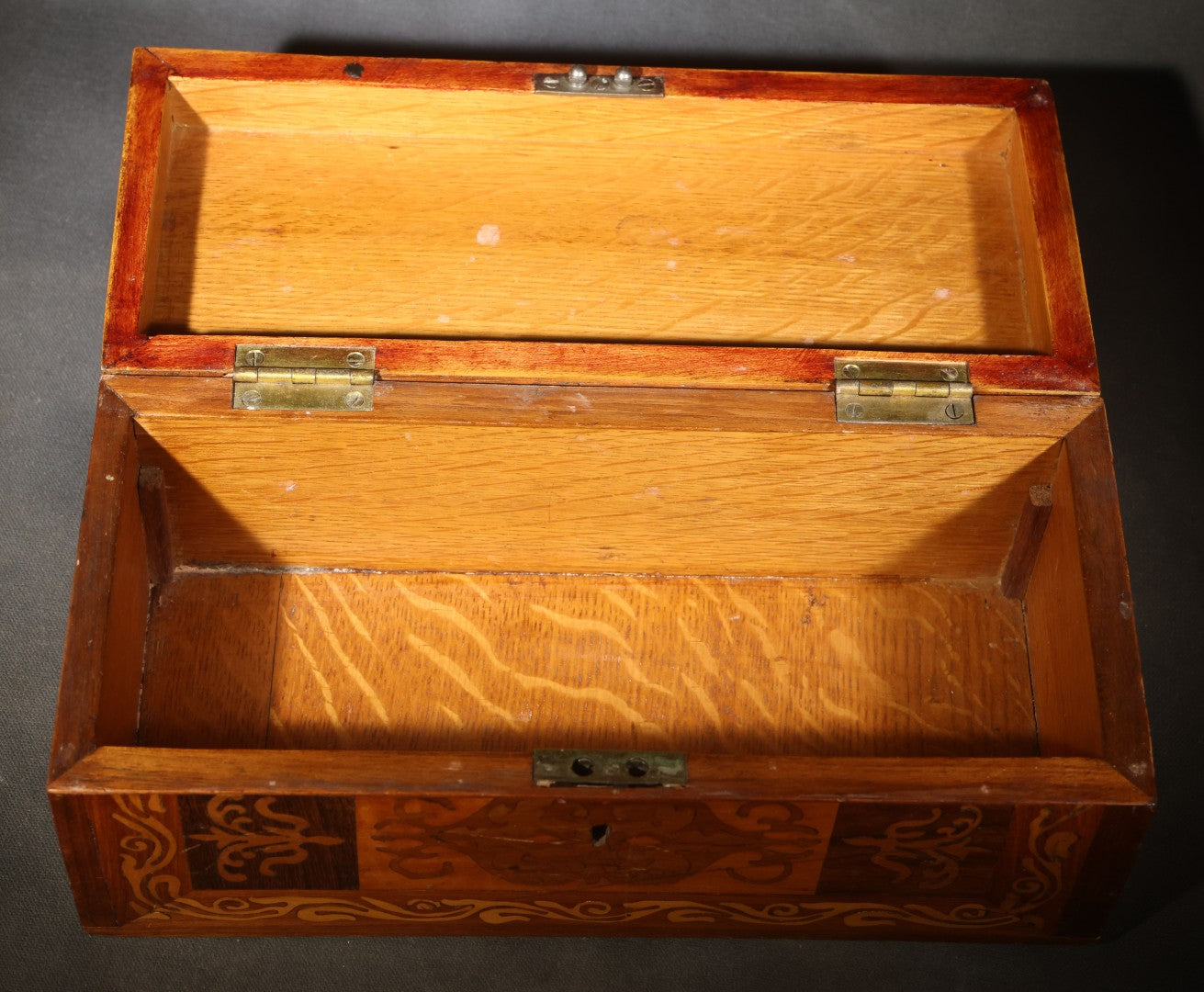 Antique Marquetry Hinged Box with Butterfly and Scrollwork Inlay, Brass Hinges and Lock Plate