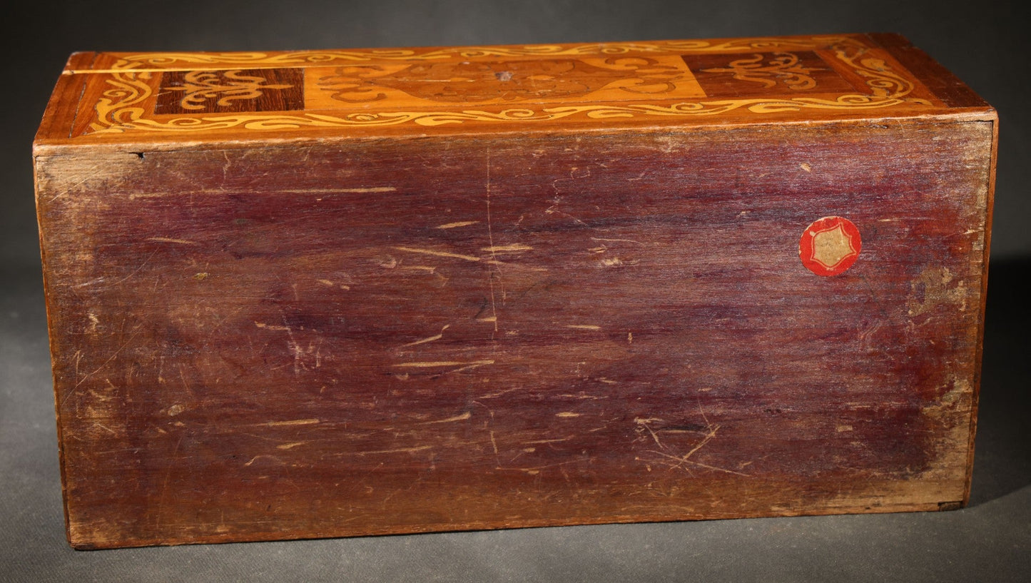 Antique Marquetry Hinged Box with Butterfly and Scrollwork Inlay, Brass Hinges and Lock Plate