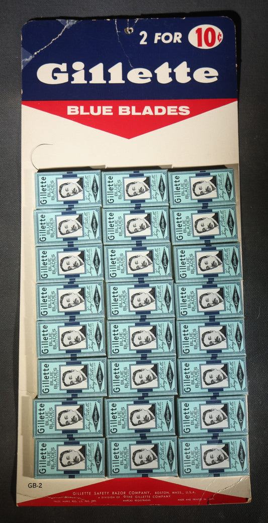 Vintage Gillette Blue Blades "2 For 10¢" Store Display Card with 20 Blade Packs, Gillette Safety Razor Company, Boston, Massachusetts