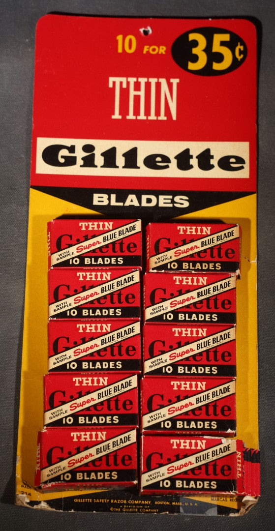Vintage Gillette Thin Super Blue Blade "10 for 35¢" Retail Display Card with 10 Boxes, Gillette Safety Razor Company, Boston, Massachusetts