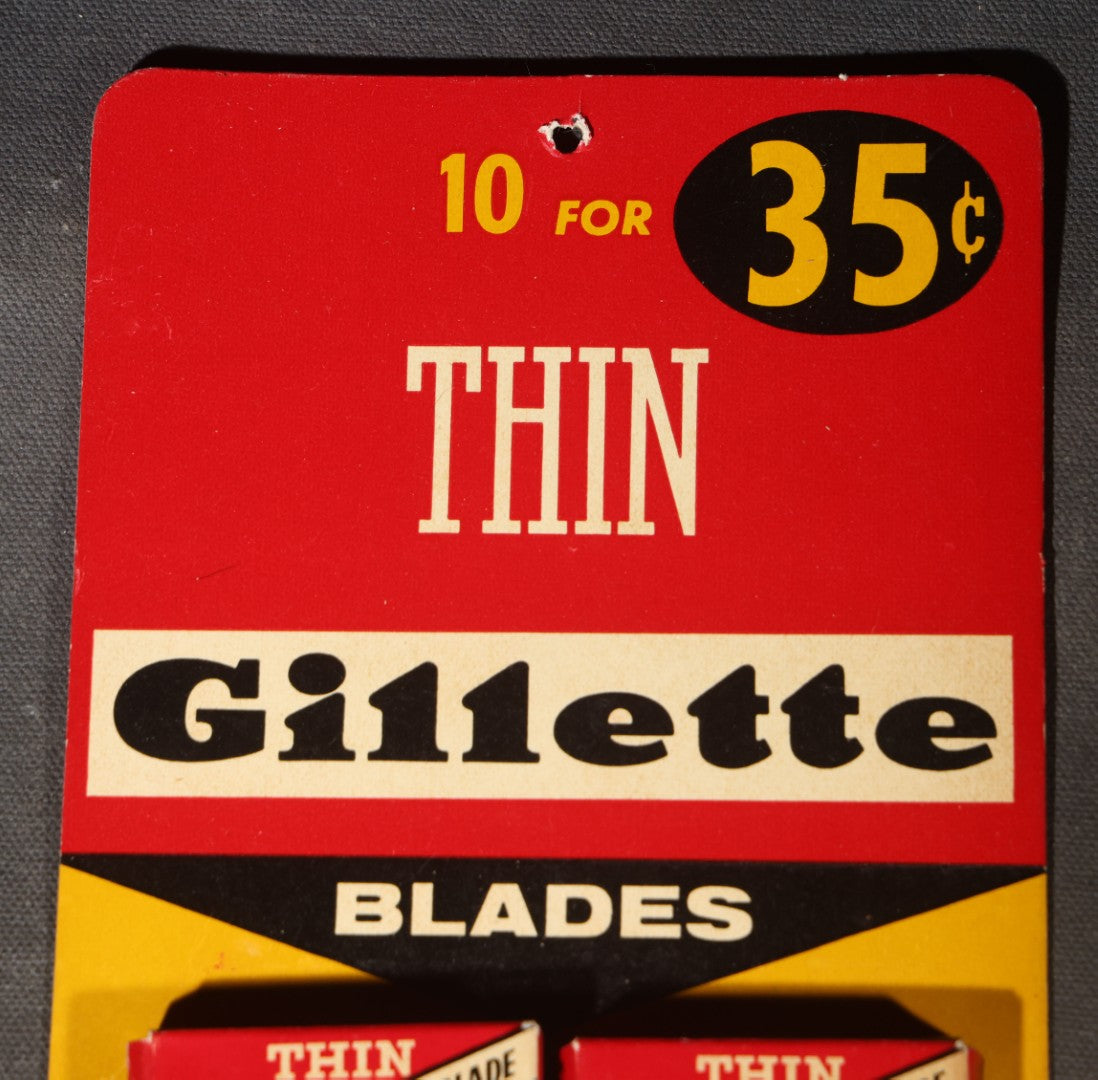 Vintage Gillette Thin Super Blue Blade "10 for 35¢" Retail Display Card with 10 Boxes, Gillette Safety Razor Company, Boston, Massachusetts