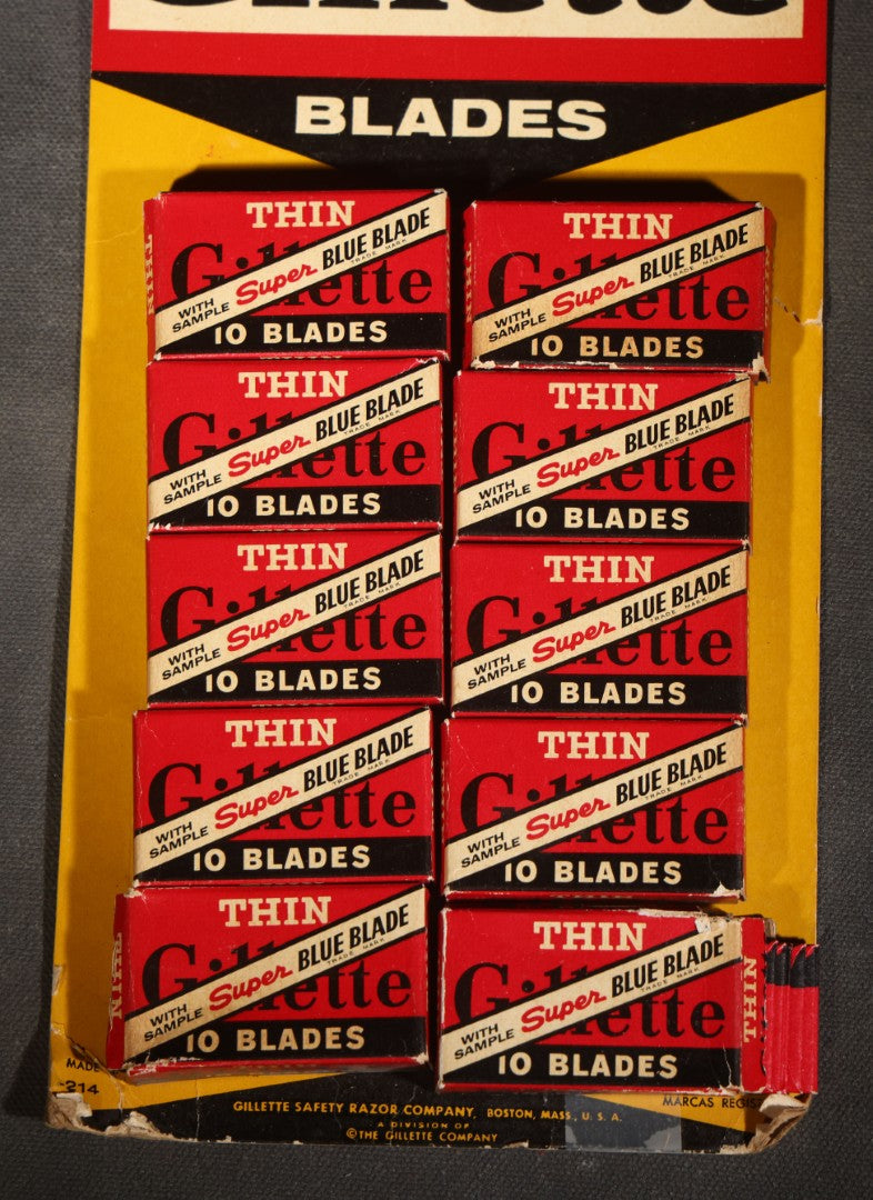 Vintage Gillette Thin Super Blue Blade "10 for 35¢" Retail Display Card with 10 Boxes, Gillette Safety Razor Company, Boston, Massachusetts