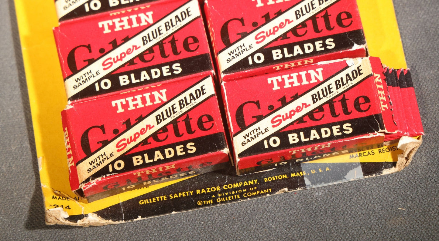 Vintage Gillette Thin Super Blue Blade "10 for 35¢" Retail Display Card with 10 Boxes, Gillette Safety Razor Company, Boston, Massachusetts