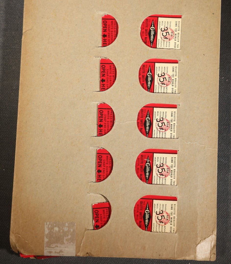 Vintage Gillette Thin Super Blue Blade "10 for 35¢" Retail Display Card with 10 Boxes, Gillette Safety Razor Company, Boston, Massachusetts