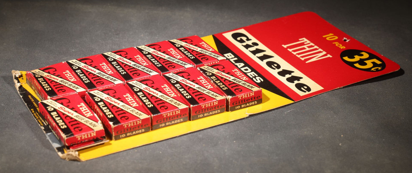 Vintage Gillette Thin Super Blue Blade "10 for 35¢" Retail Display Card with 10 Boxes, Gillette Safety Razor Company, Boston, Massachusetts