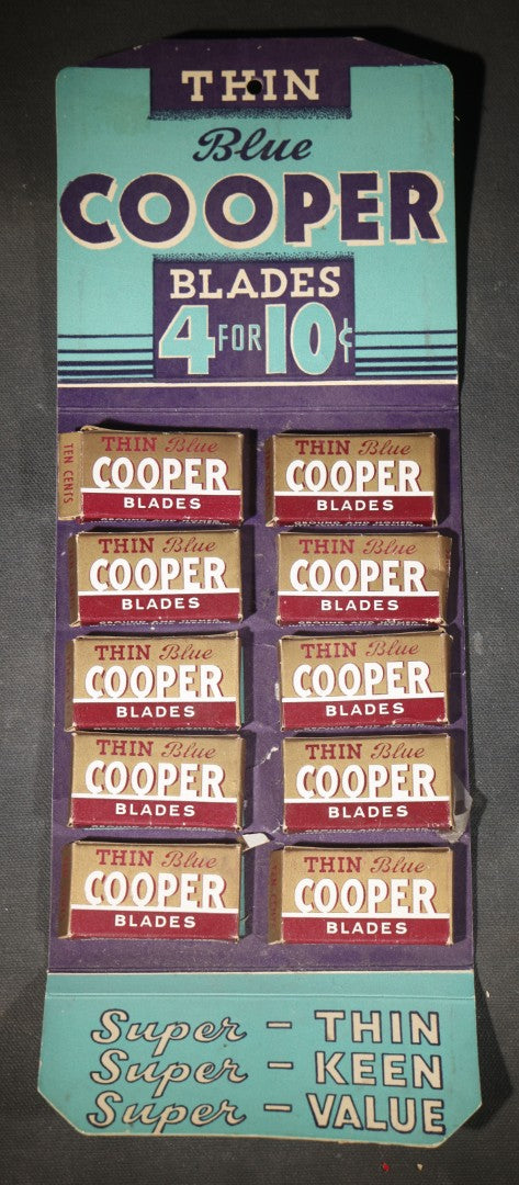 Vintage Thin Blue Cooper Blades Countertop Display Card with 10 Unopened Blade Boxes, "4 for 10¢," Manufactured by Cooper Safety Razor Corp., Brooklyn, New York