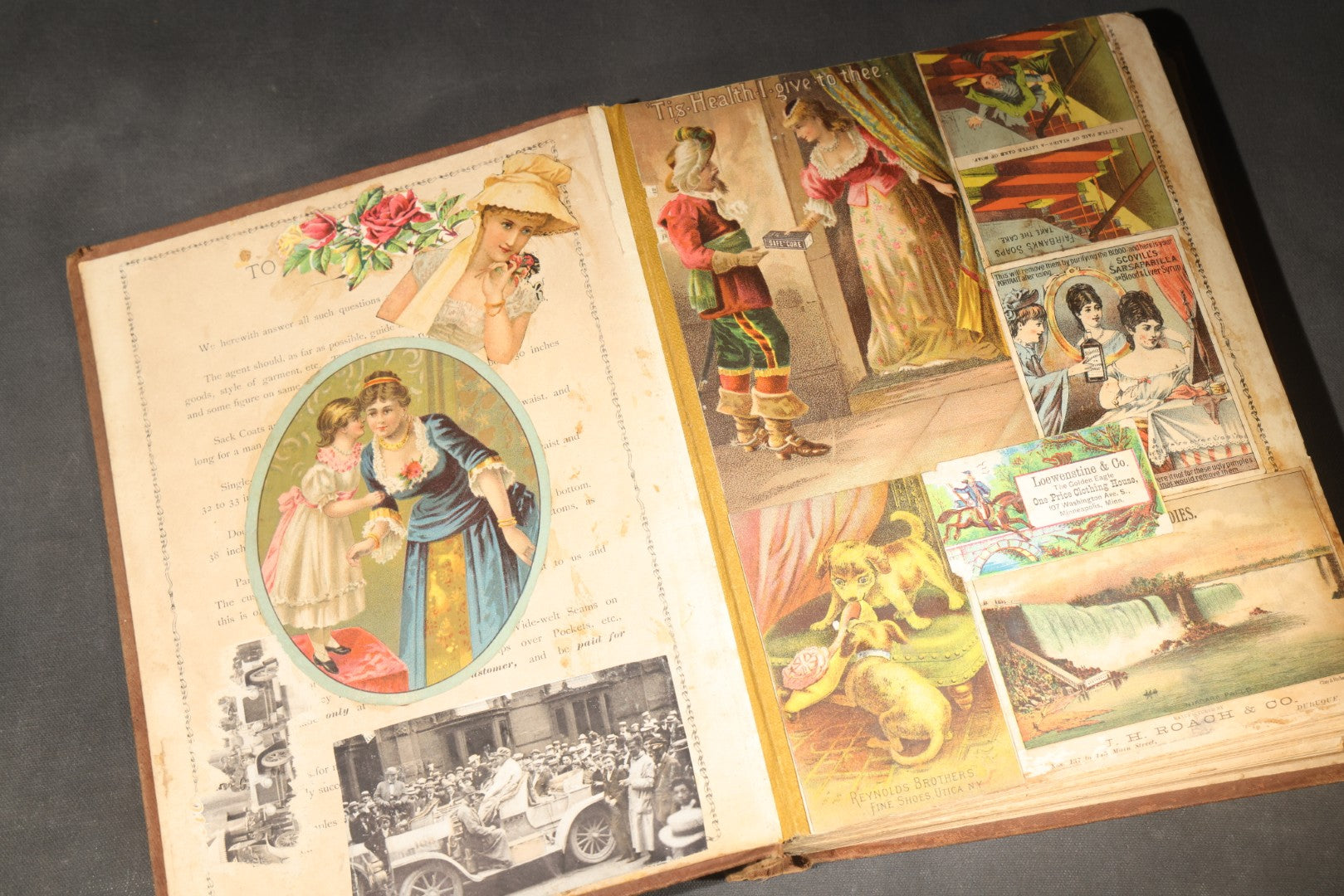 Antique Victorian Scrapbook Assembled in a Repurposed 1886-87 G.W. Simmons & Co. Fall & Winter Samples Catalog, Boston, Massachusetts, with Trade Cards including Reynolds Brothers Fine Shoes, Scoville's Sarsaparilla, and Loewenstine & Co.