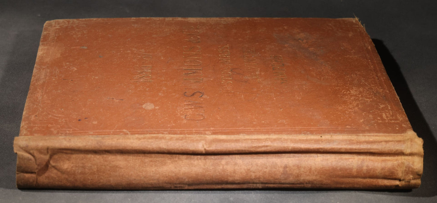 Antique Victorian Scrapbook Assembled in a Repurposed 1886-87 G.W. Simmons & Co. Fall & Winter Samples Catalog, Boston, Massachusetts, with Trade Cards including Reynolds Brothers Fine Shoes, Scoville's Sarsaparilla, and Loewenstine & Co.