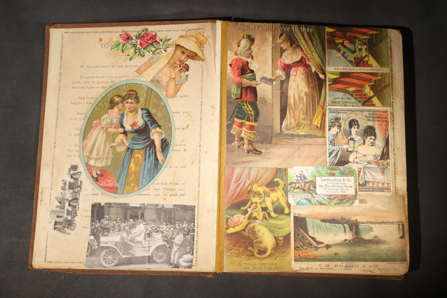 Antique Victorian Scrapbook Assembled in a Repurposed 1886-87 G.W. Simmons & Co. Fall & Winter Samples Catalog, Boston, Massachusetts, with Trade Cards including Reynolds Brothers Fine Shoes, Scoville's Sarsaparilla, and Loewenstine & Co.