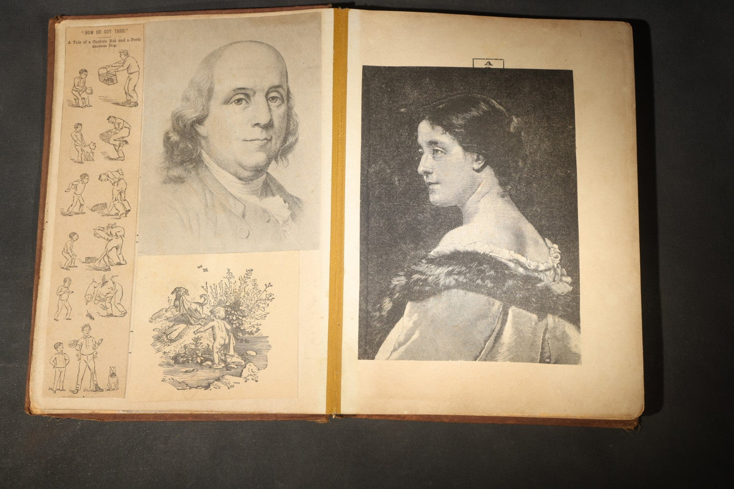 Antique Victorian Scrapbook Assembled in a Repurposed 1886-87 G.W. Simmons & Co. Fall & Winter Samples Catalog, Boston, Massachusetts, with Trade Cards including Reynolds Brothers Fine Shoes, Scoville's Sarsaparilla, and Loewenstine & Co.