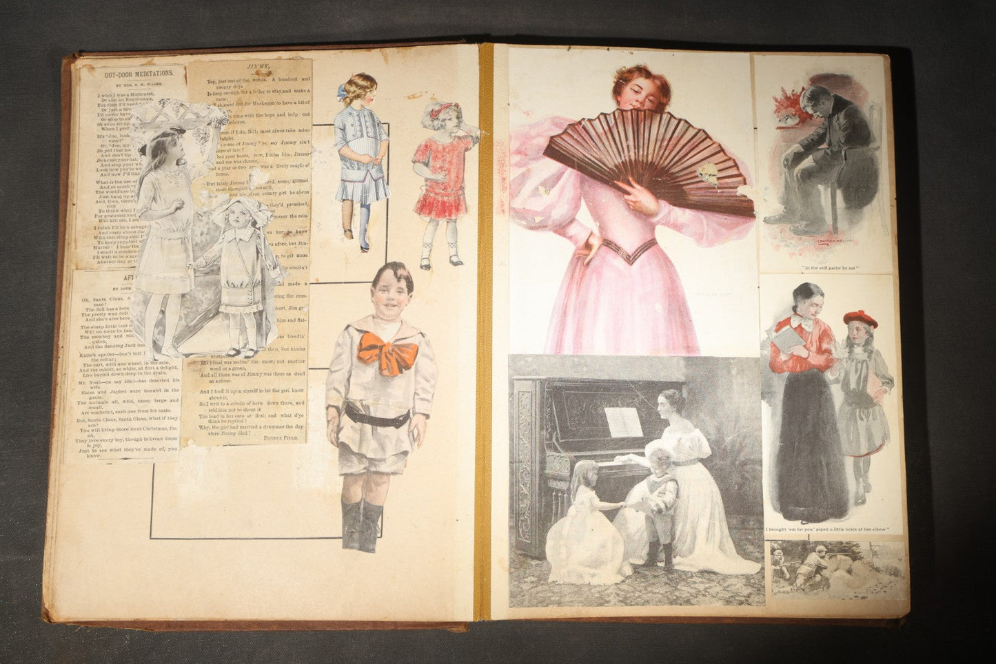 Antique Victorian Scrapbook Assembled in a Repurposed 1886-87 G.W. Simmons & Co. Fall & Winter Samples Catalog, Boston, Massachusetts, with Trade Cards including Reynolds Brothers Fine Shoes, Scoville's Sarsaparilla, and Loewenstine & Co.