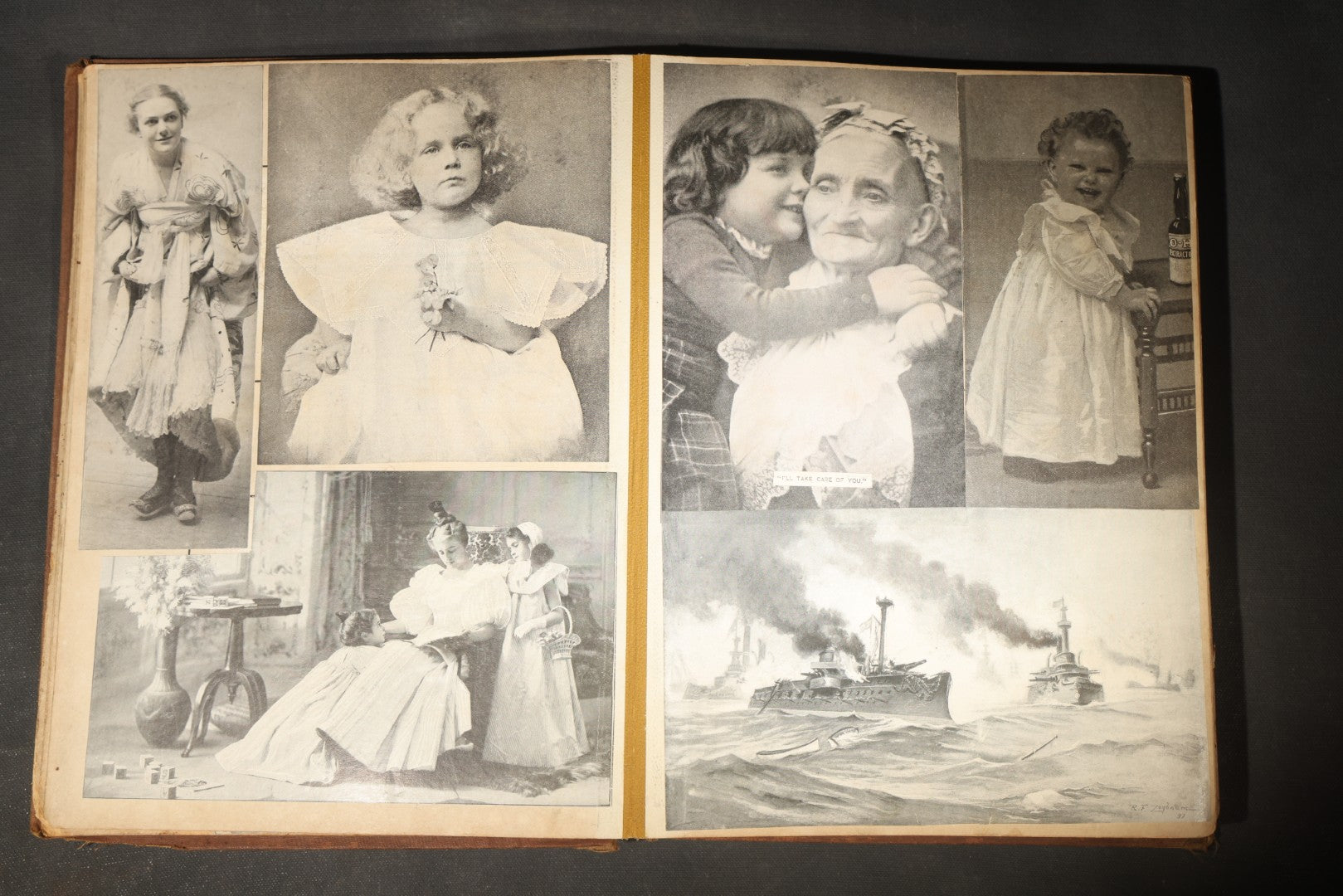 Antique Victorian Scrapbook Assembled in a Repurposed 1886-87 G.W. Simmons & Co. Fall & Winter Samples Catalog, Boston, Massachusetts, with Trade Cards including Reynolds Brothers Fine Shoes, Scoville's Sarsaparilla, and Loewenstine & Co.