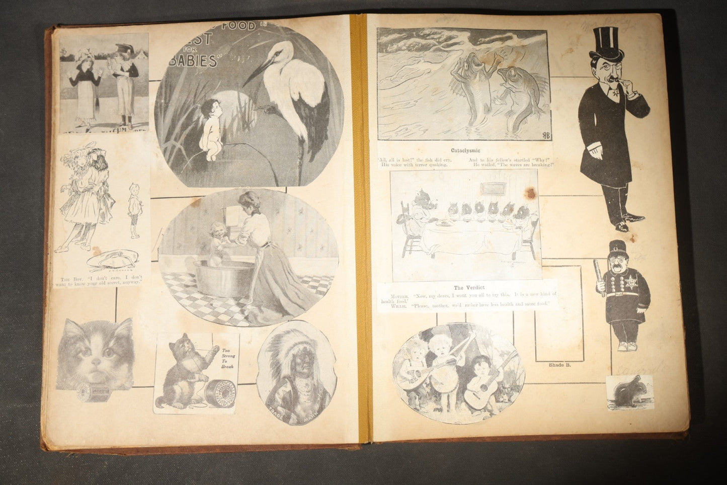 Antique Victorian Scrapbook Assembled in a Repurposed 1886-87 G.W. Simmons & Co. Fall & Winter Samples Catalog, Boston, Massachusetts, with Trade Cards including Reynolds Brothers Fine Shoes, Scoville's Sarsaparilla, and Loewenstine & Co.