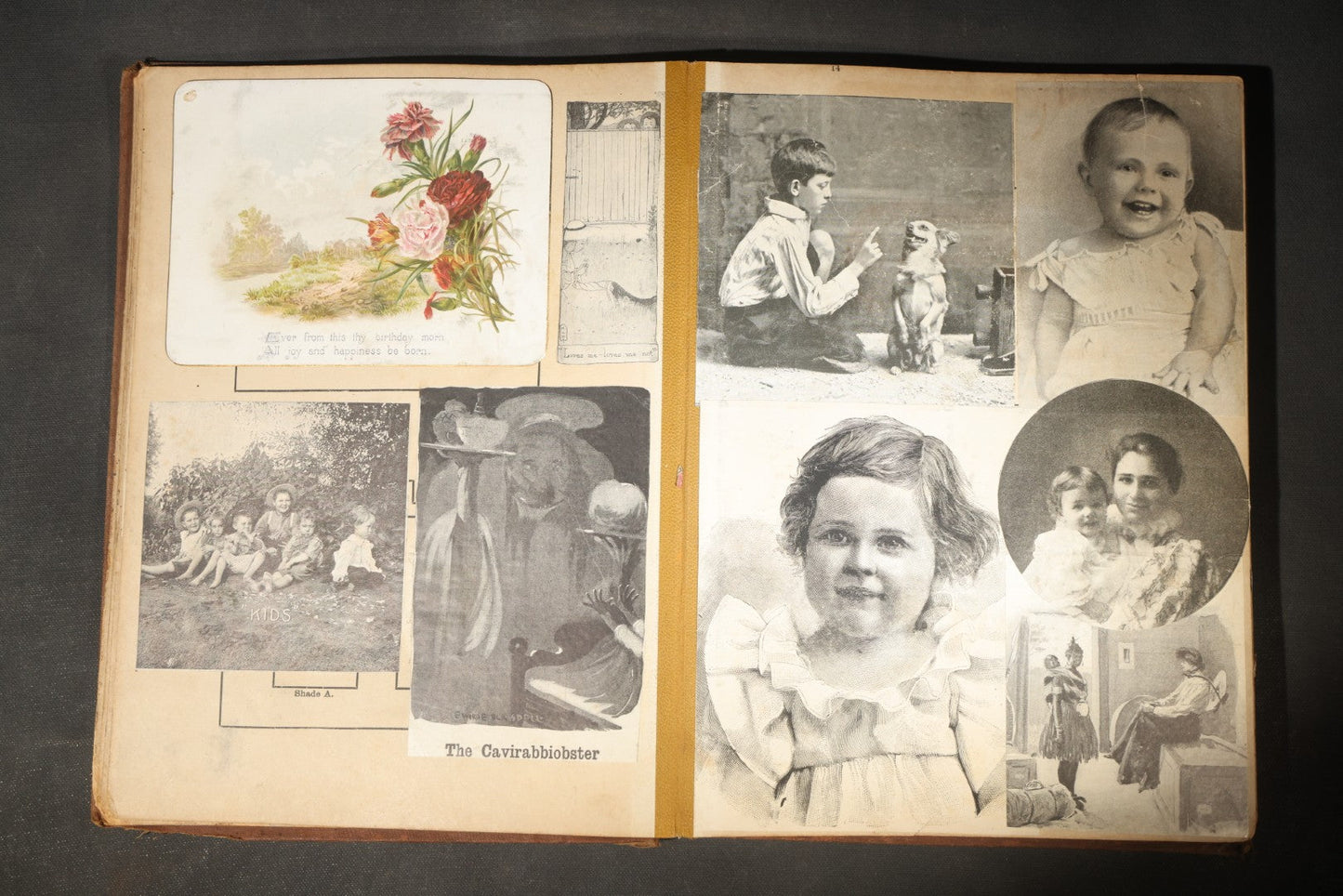 Antique Victorian Scrapbook Assembled in a Repurposed 1886-87 G.W. Simmons & Co. Fall & Winter Samples Catalog, Boston, Massachusetts, with Trade Cards including Reynolds Brothers Fine Shoes, Scoville's Sarsaparilla, and Loewenstine & Co.