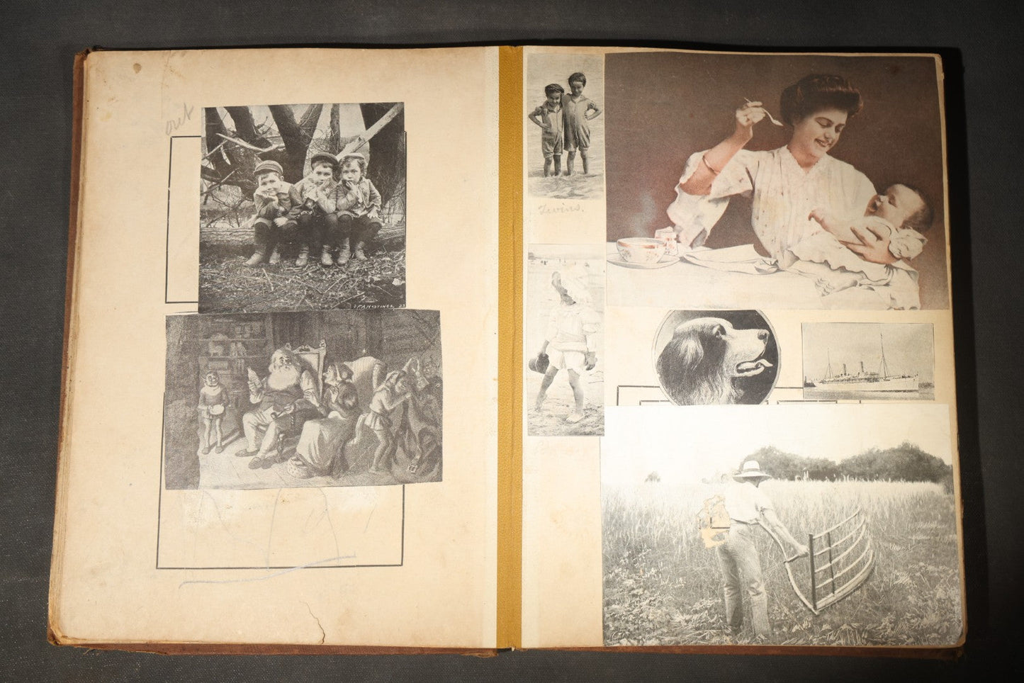 Antique Victorian Scrapbook Assembled in a Repurposed 1886-87 G.W. Simmons & Co. Fall & Winter Samples Catalog, Boston, Massachusetts, with Trade Cards including Reynolds Brothers Fine Shoes, Scoville's Sarsaparilla, and Loewenstine & Co.