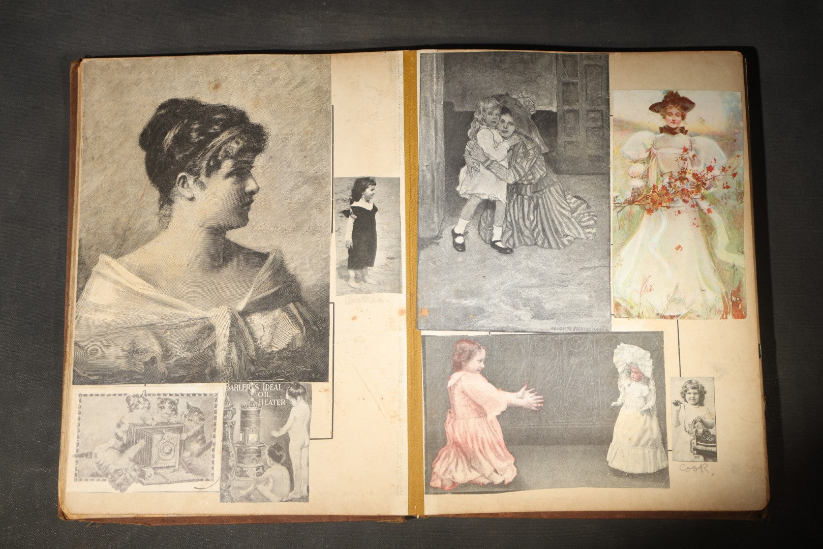 Antique Victorian Scrapbook Assembled in a Repurposed 1886-87 G.W. Simmons & Co. Fall & Winter Samples Catalog, Boston, Massachusetts, with Trade Cards including Reynolds Brothers Fine Shoes, Scoville's Sarsaparilla, and Loewenstine & Co.
