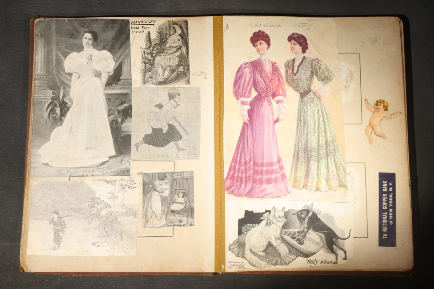 Antique Victorian Scrapbook Assembled in a Repurposed 1886-87 G.W. Simmons & Co. Fall & Winter Samples Catalog, Boston, Massachusetts, with Trade Cards including Reynolds Brothers Fine Shoes, Scoville's Sarsaparilla, and Loewenstine & Co.