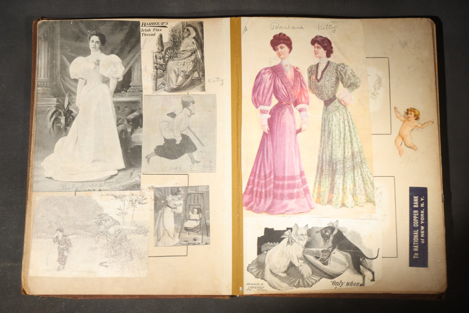 Antique Victorian Scrapbook Assembled in a Repurposed 1886-87 G.W. Simmons & Co. Fall & Winter Samples Catalog, Boston, Massachusetts, with Trade Cards including Reynolds Brothers Fine Shoes, Scoville's Sarsaparilla, and Loewenstine & Co.