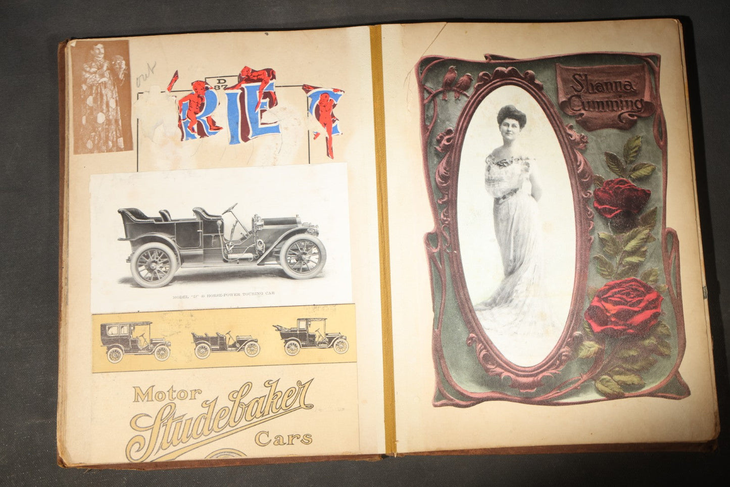 Antique Victorian Scrapbook Assembled in a Repurposed 1886-87 G.W. Simmons & Co. Fall & Winter Samples Catalog, Boston, Massachusetts, with Trade Cards including Reynolds Brothers Fine Shoes, Scoville's Sarsaparilla, and Loewenstine & Co.