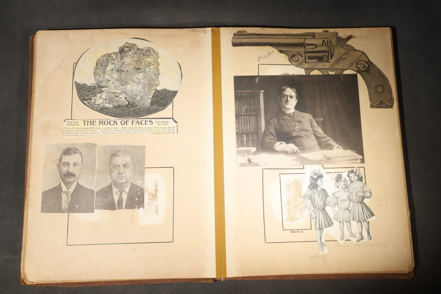 Antique Victorian Scrapbook Assembled in a Repurposed 1886-87 G.W. Simmons & Co. Fall & Winter Samples Catalog, Boston, Massachusetts, with Trade Cards including Reynolds Brothers Fine Shoes, Scoville's Sarsaparilla, and Loewenstine & Co.