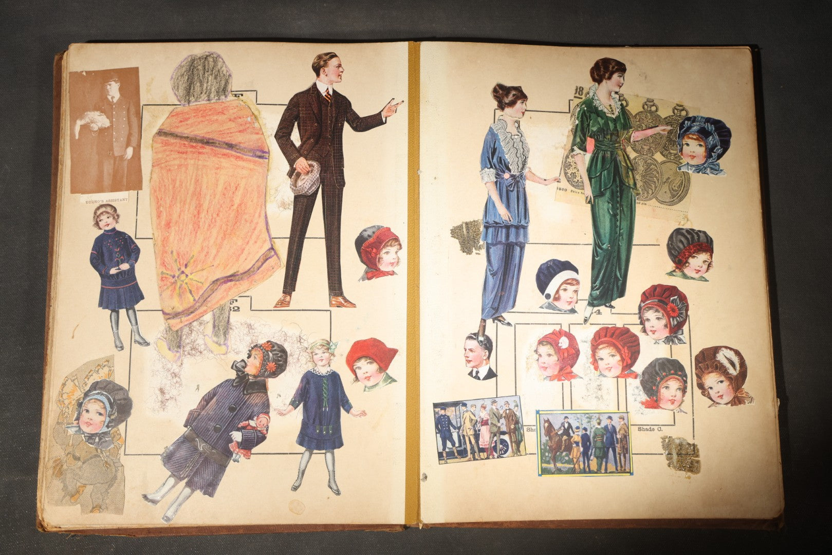 Antique Victorian Scrapbook Assembled in a Repurposed 1886-87 G.W. Simmons & Co. Fall & Winter Samples Catalog, Boston, Massachusetts, with Trade Cards including Reynolds Brothers Fine Shoes, Scoville's Sarsaparilla, and Loewenstine & Co.