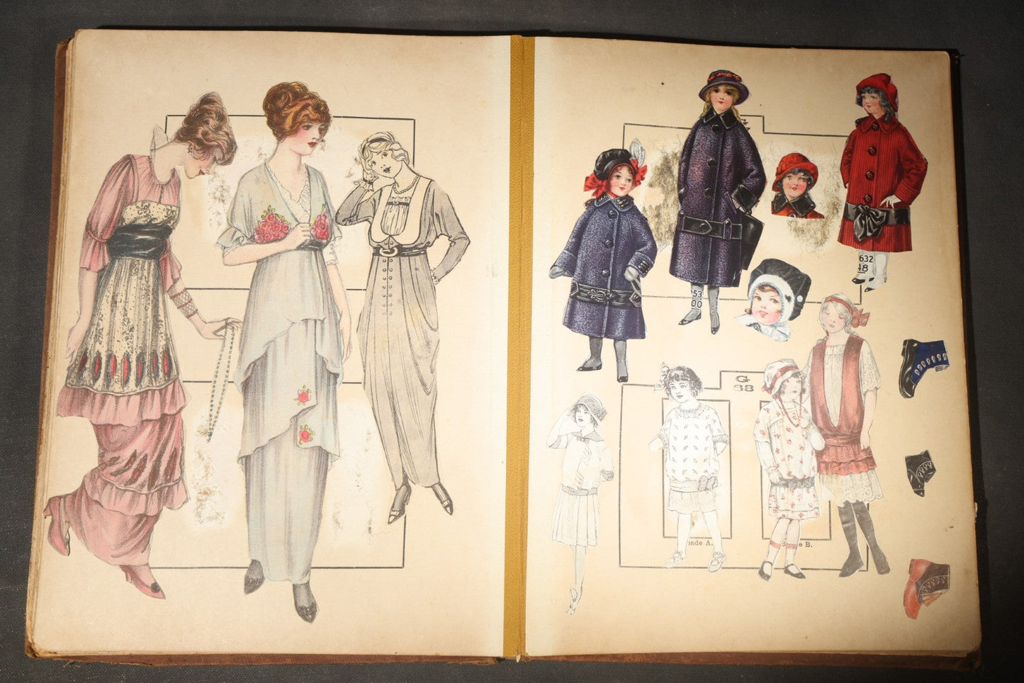 Antique Victorian Scrapbook Assembled in a Repurposed 1886-87 G.W. Simmons & Co. Fall & Winter Samples Catalog, Boston, Massachusetts, with Trade Cards including Reynolds Brothers Fine Shoes, Scoville's Sarsaparilla, and Loewenstine & Co.