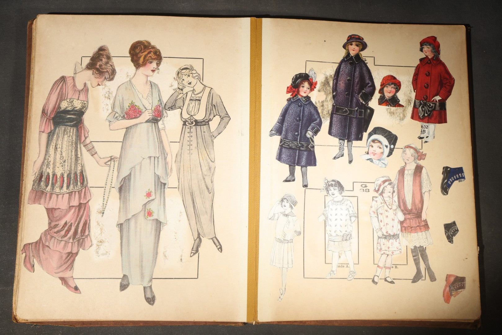 Antique Victorian Scrapbook Assembled in a Repurposed 1886-87 G.W. Simmons & Co. Fall & Winter Samples Catalog, Boston, Massachusetts, with Trade Cards including Reynolds Brothers Fine Shoes, Scoville's Sarsaparilla, and Loewenstine & Co.