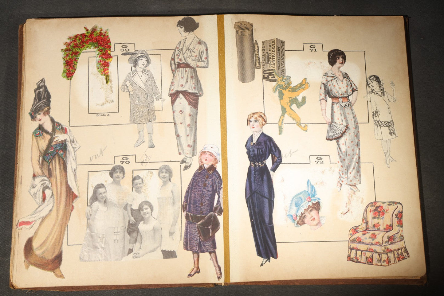 Antique Victorian Scrapbook Assembled in a Repurposed 1886-87 G.W. Simmons & Co. Fall & Winter Samples Catalog, Boston, Massachusetts, with Trade Cards including Reynolds Brothers Fine Shoes, Scoville's Sarsaparilla, and Loewenstine & Co.