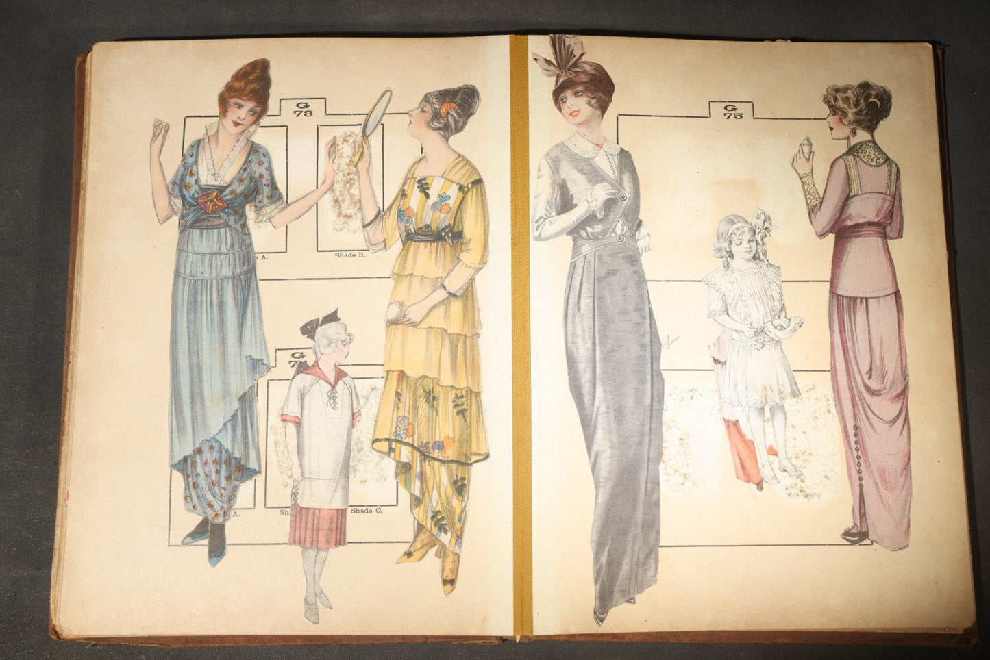 Antique Victorian Scrapbook Assembled in a Repurposed 1886-87 G.W. Simmons & Co. Fall & Winter Samples Catalog, Boston, Massachusetts, with Trade Cards including Reynolds Brothers Fine Shoes, Scoville's Sarsaparilla, and Loewenstine & Co.