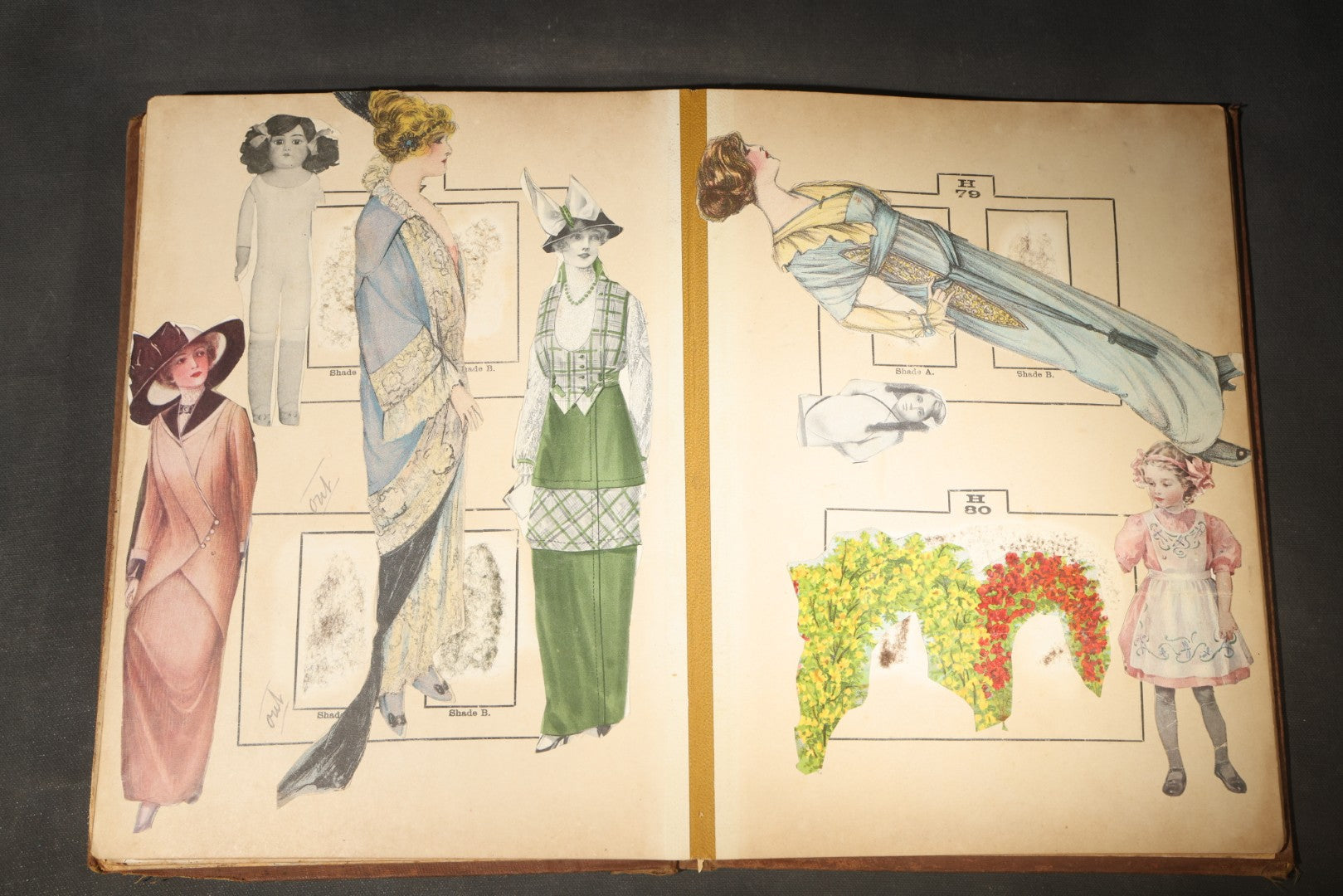 Antique Victorian Scrapbook Assembled in a Repurposed 1886-87 G.W. Simmons & Co. Fall & Winter Samples Catalog, Boston, Massachusetts, with Trade Cards including Reynolds Brothers Fine Shoes, Scoville's Sarsaparilla, and Loewenstine & Co.