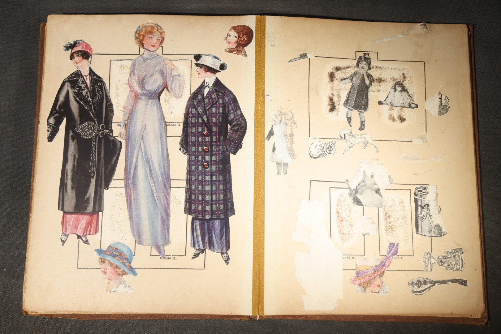 Antique Victorian Scrapbook Assembled in a Repurposed 1886-87 G.W. Simmons & Co. Fall & Winter Samples Catalog, Boston, Massachusetts, with Trade Cards including Reynolds Brothers Fine Shoes, Scoville's Sarsaparilla, and Loewenstine & Co.