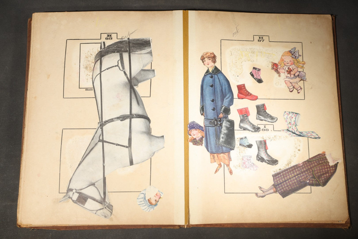 Antique Victorian Scrapbook Assembled in a Repurposed 1886-87 G.W. Simmons & Co. Fall & Winter Samples Catalog, Boston, Massachusetts, with Trade Cards including Reynolds Brothers Fine Shoes, Scoville's Sarsaparilla, and Loewenstine & Co.