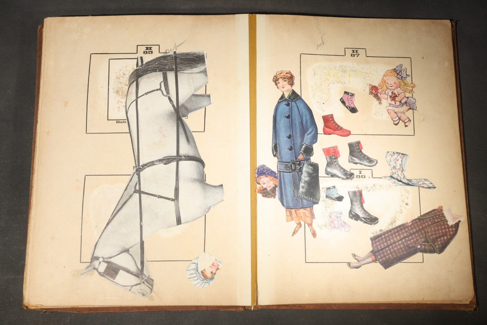 Antique Victorian Scrapbook Assembled in a Repurposed 1886-87 G.W. Simmons & Co. Fall & Winter Samples Catalog, Boston, Massachusetts, with Trade Cards including Reynolds Brothers Fine Shoes, Scoville's Sarsaparilla, and Loewenstine & Co.